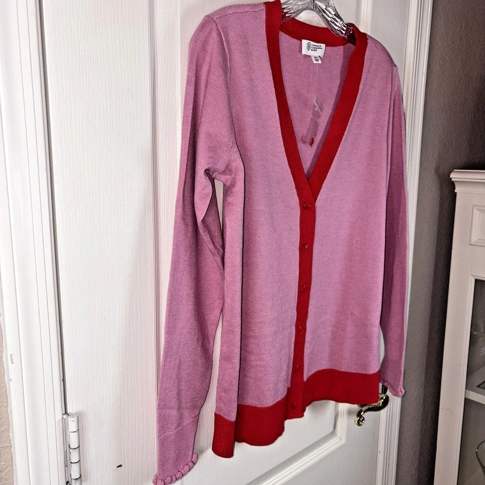 Candace Cameron Bure Pink Red V Neck‎ Button Up Cardigan Sweater XS Ruffle Cuff